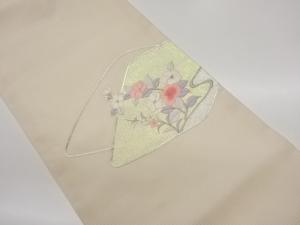 絽銀駒刺繍変わり菱に花葉模様名古屋帯